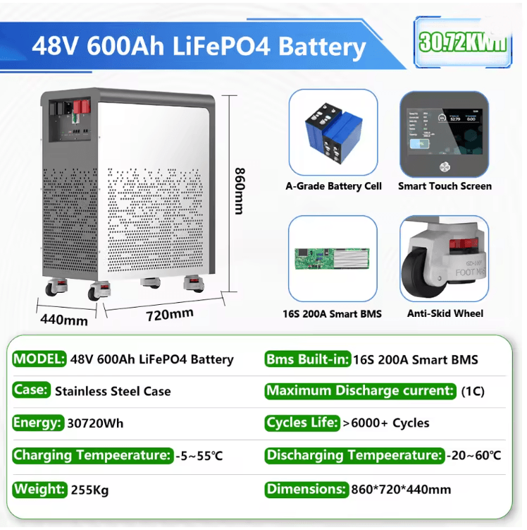 48V LiFePO4 Battery Pack 600Ah 30KWh with Wheels and Bluetooth BMS