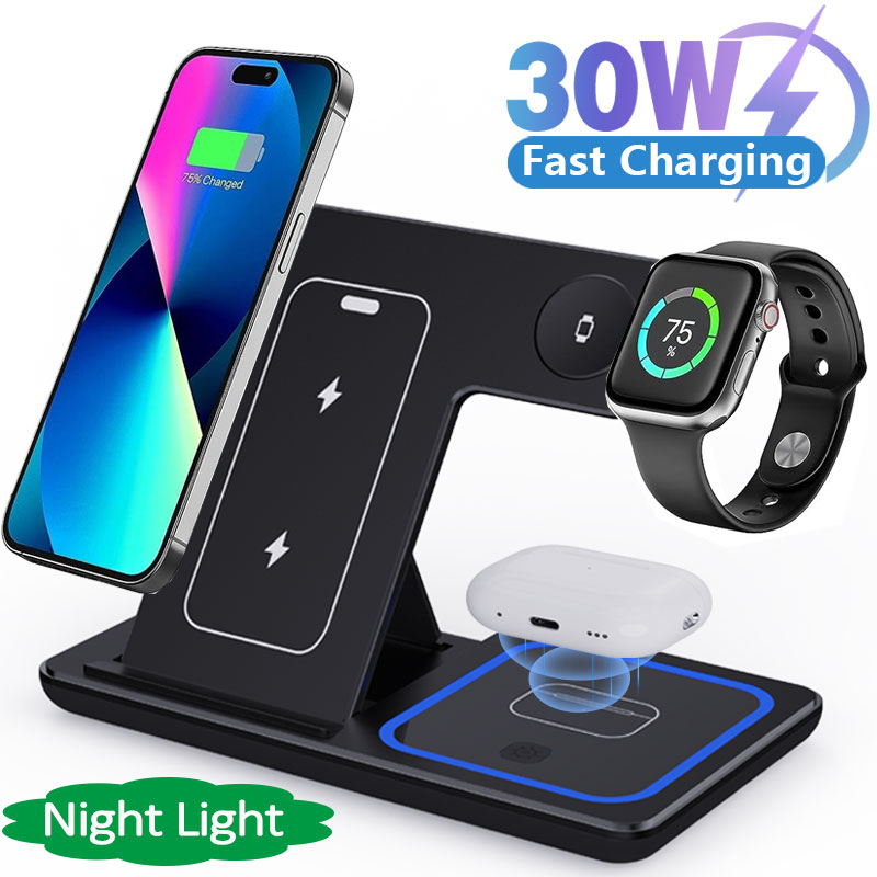 3 in 1 Foldable Charging Station, 30W LED Fast Wireless Charger Stand for iPhone Apple Watch 9 8 7 6 5 AirPods Pro