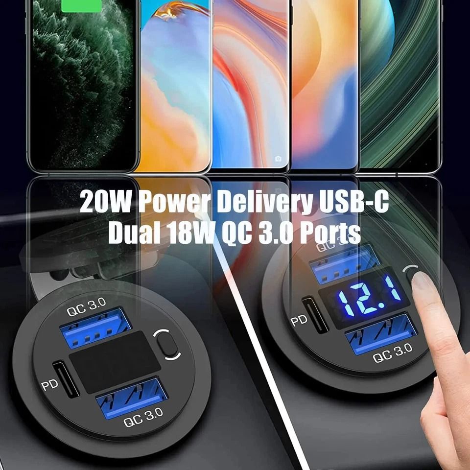 Car Fast Charger, PD QC Dual USB Power Socket Outlet with LED Voltmeter, Waterproof, Charging Power