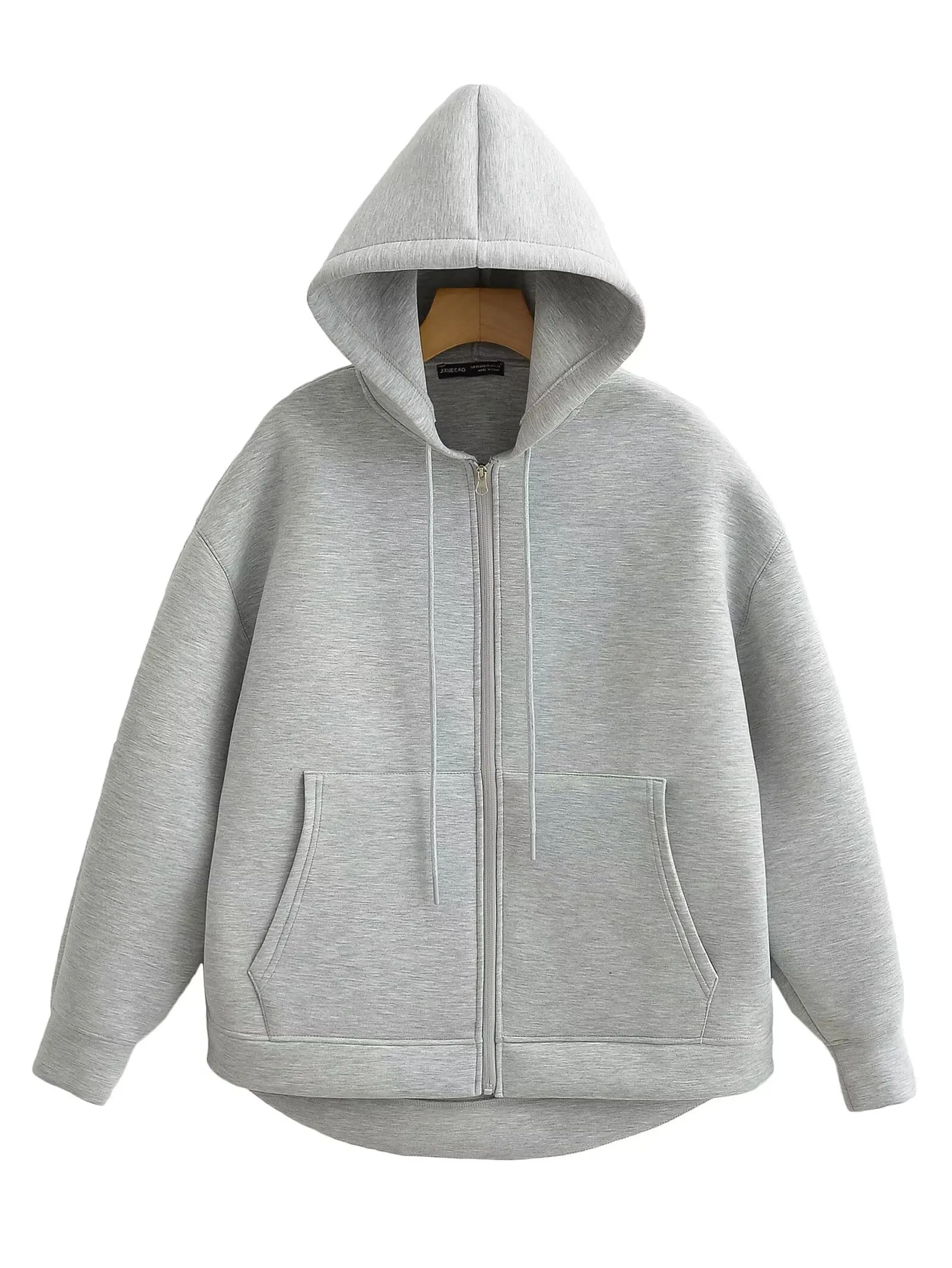 Women's Autumn Gray Jacket, Hooded Long Sleeve Coat, Loose Fit Casual Outerwear with Big Pockets