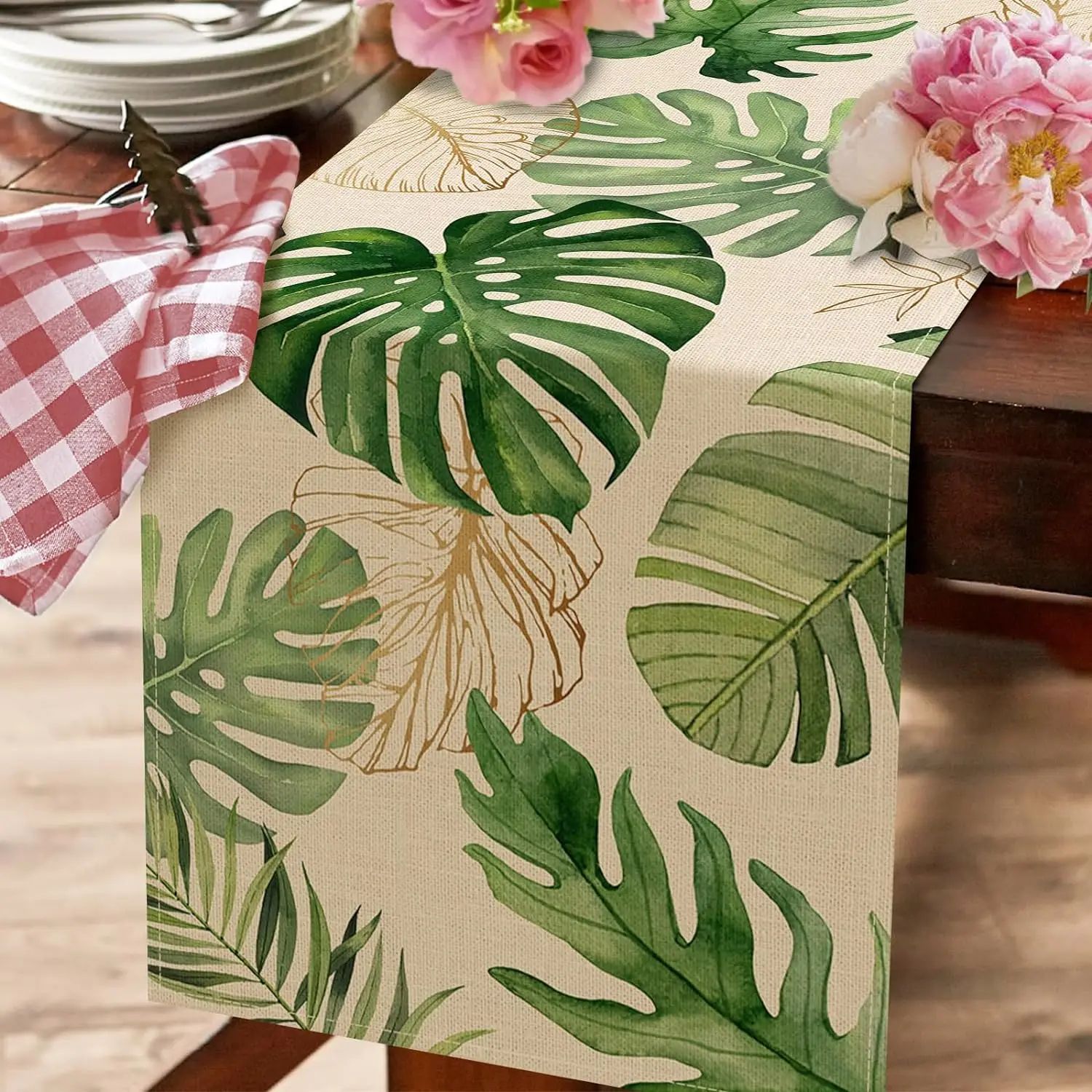 Tropical Palm Leaves Linen Table Runner
