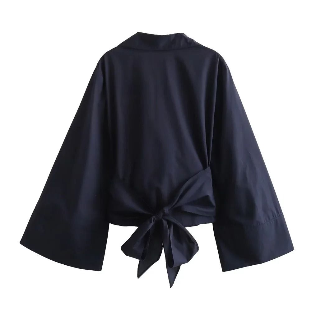 Womens Bow Tie Blouse Double Breasted Polo Collar Shirt Cropped Poplin Top