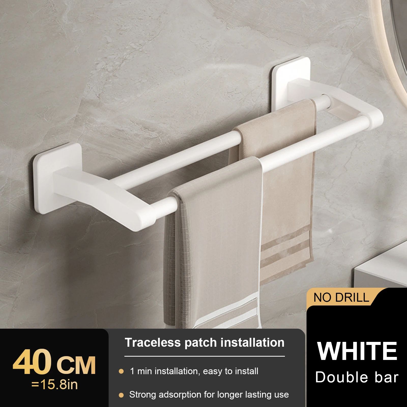 Wall Mount Double Towel Rack – No Drill ABS 2-Tier Bathroom Towel Bar