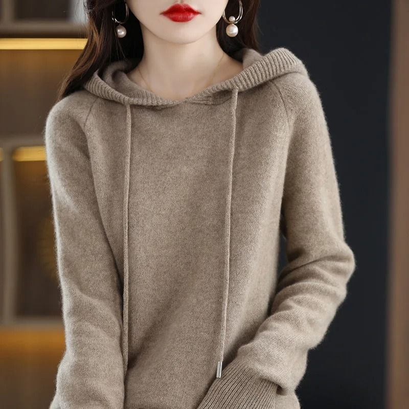 Casual Womens Knitted Hoodie Sweater Loose Drawstring Pullover Hoodie