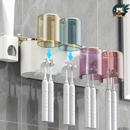 Wall-mounted Toothbrush Holder with Toothpaste Squeezer Space Saving Organizer