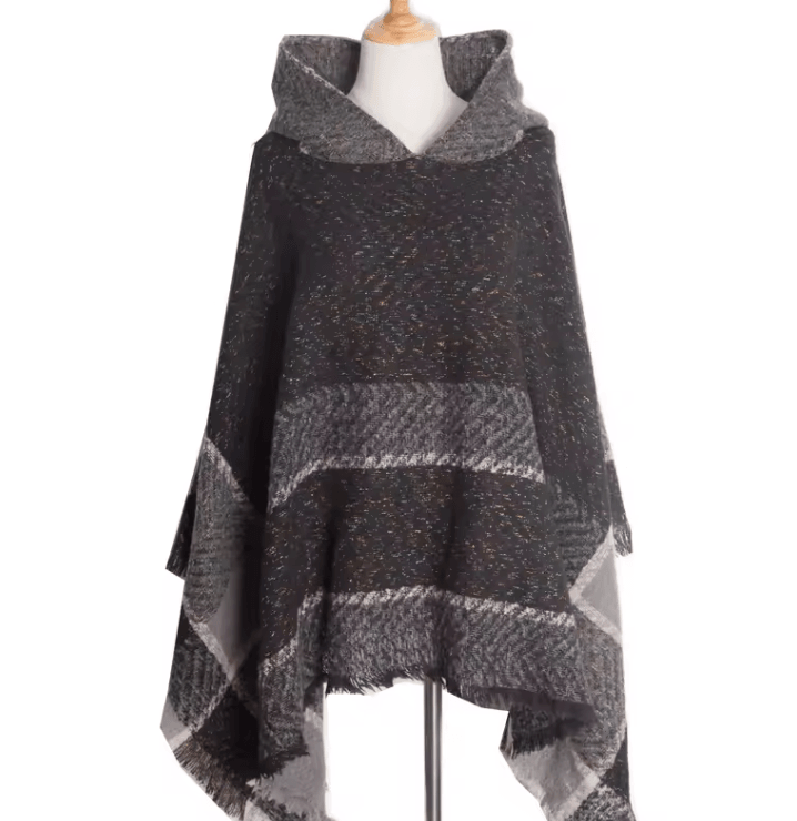 Hooded Fishbone Pattern Women Cape Poncho Autumn Winter Pullover Women Hooded Cloak
