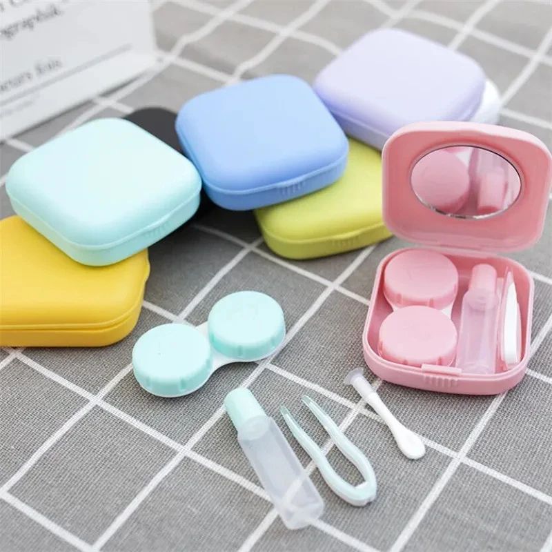Mini Square Contact Lens Case with Mirror for Women, Colorful Travel Eye Container Lens Box for Daily Use