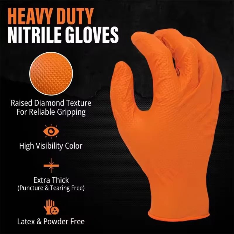 Heavy Duty Orange Nitrile Disposable Work Gloves With Diamond Grip