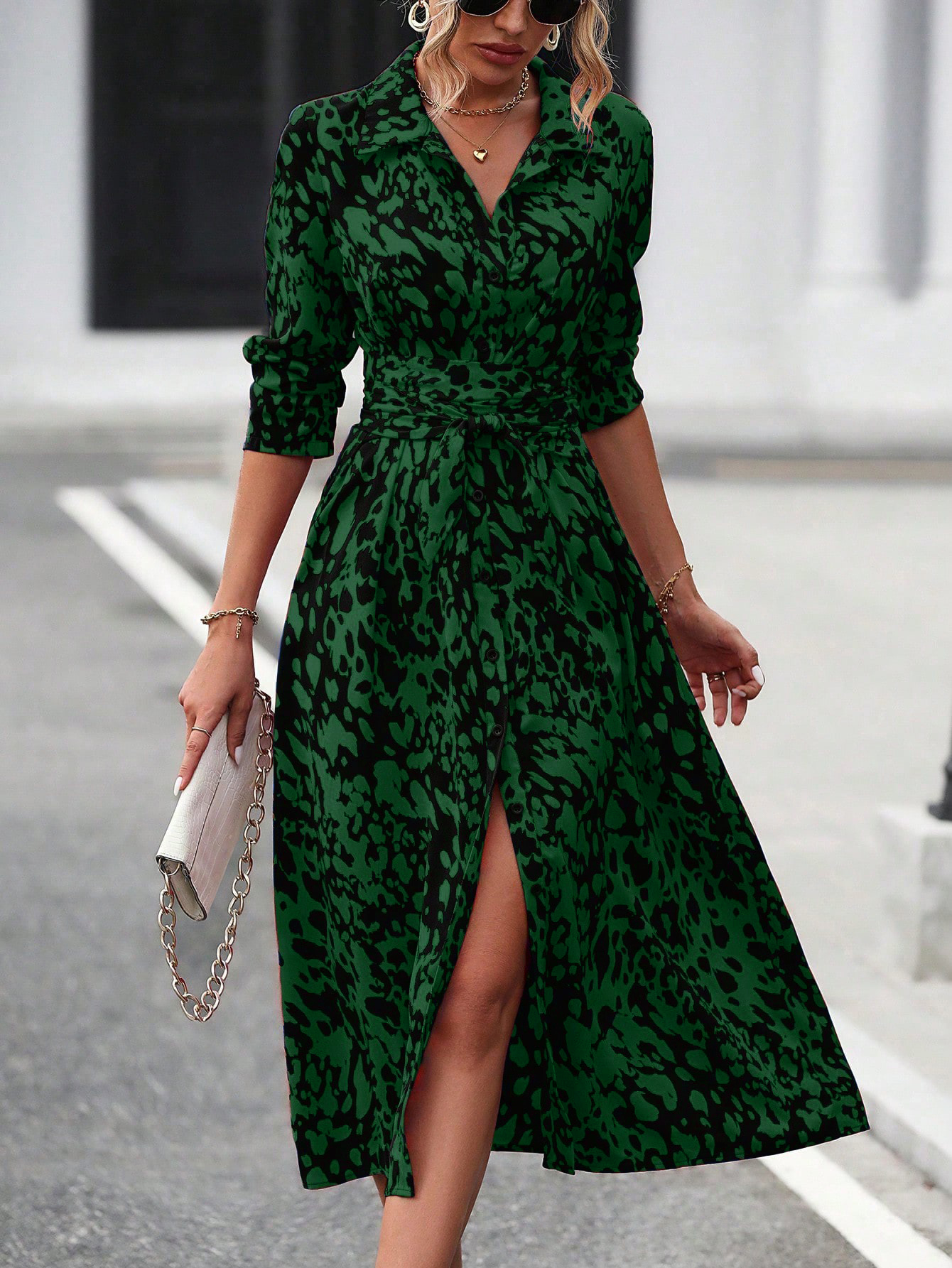Women's Long Sleeve Belted Waist Midi Dress, Elegant Random Print Button Down Shirt Dress, Spring Fall Office Casual
