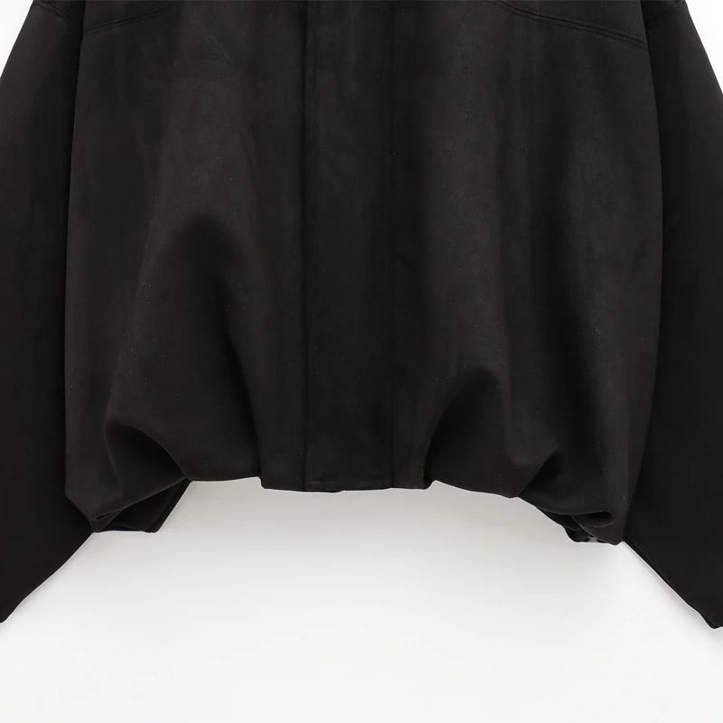 HXAO Cropped Suede Bomber Jacket Women Lapel Zipper Racing Coat