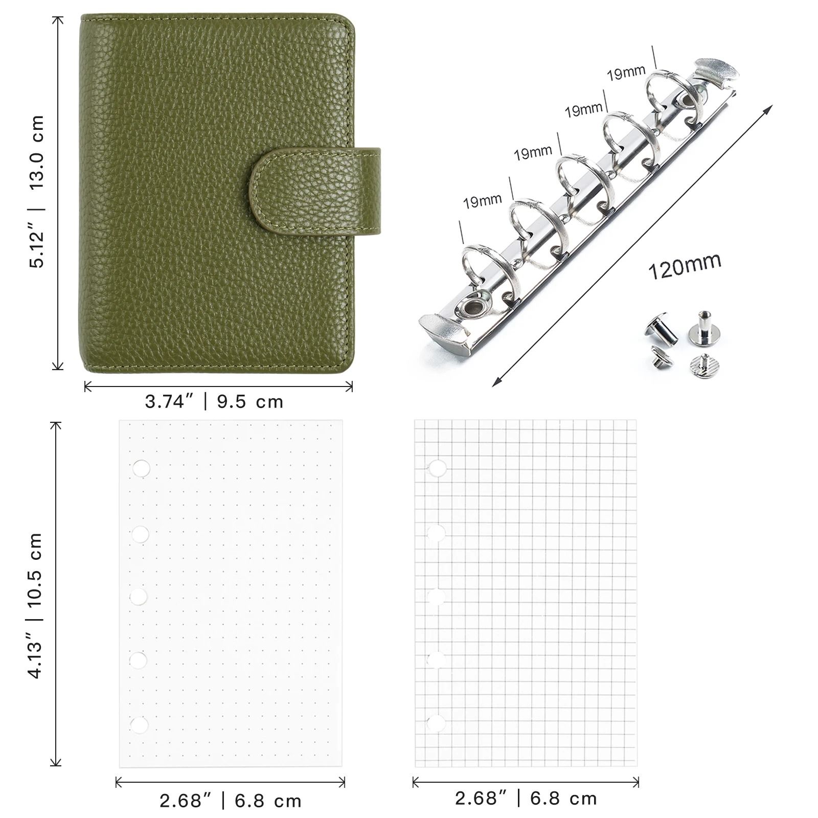 Moterm M5 / A8 Mini Rings Planner – Pebbled Grain Cowhide 5-Hole Leather Organizer & Pocket Journey Diary
