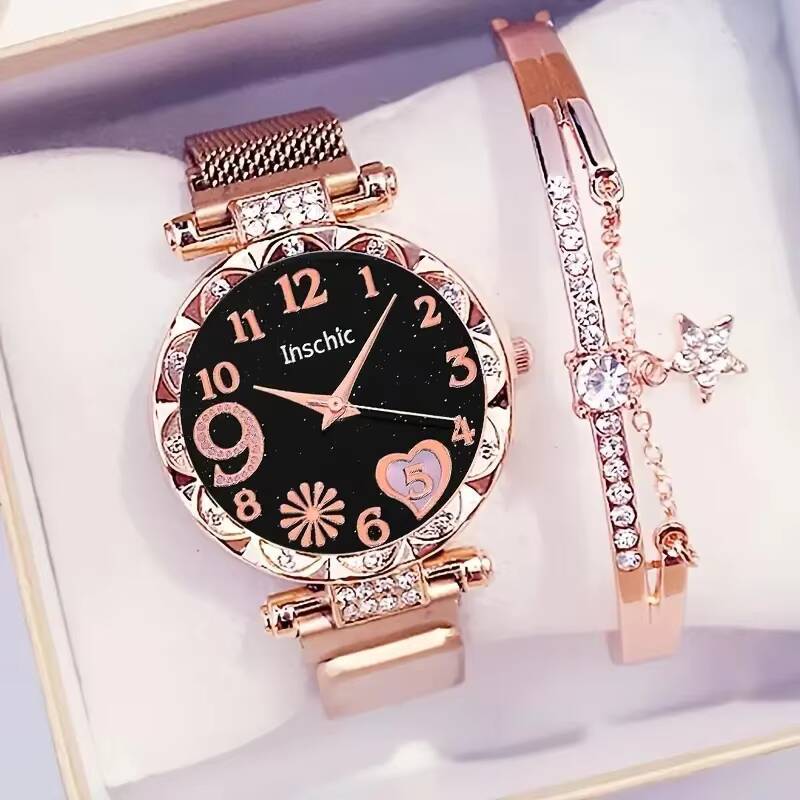 Elegant Womens Mesh Strap Watch Set with Star Bracelet, Magnet Buckle Analog