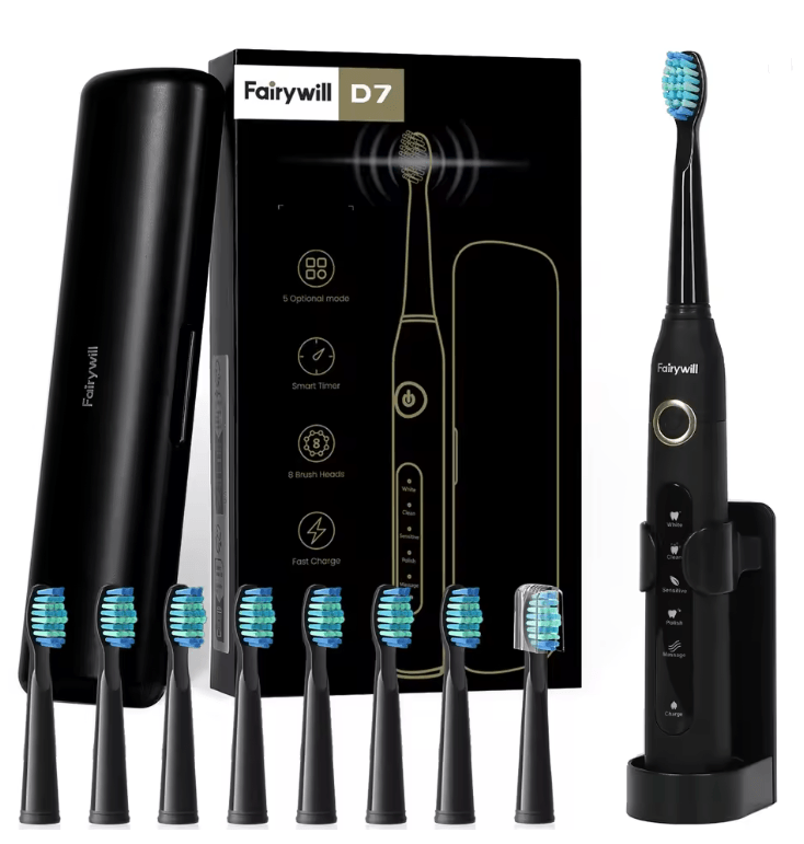 Fairywill FW507 Sonic Electric Toothbrush with 8 Brush Heads and Travel Case