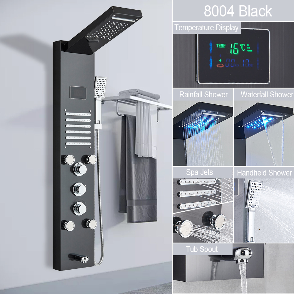 LED Light Shower Panel, Waterfall Rain Digital Display Shower Faucet Set, SPA Massage Jet Bathroom Column Mixer Tap
