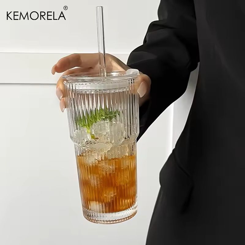 600ML Stripe Glass Coffee Cup with Lid and Straw