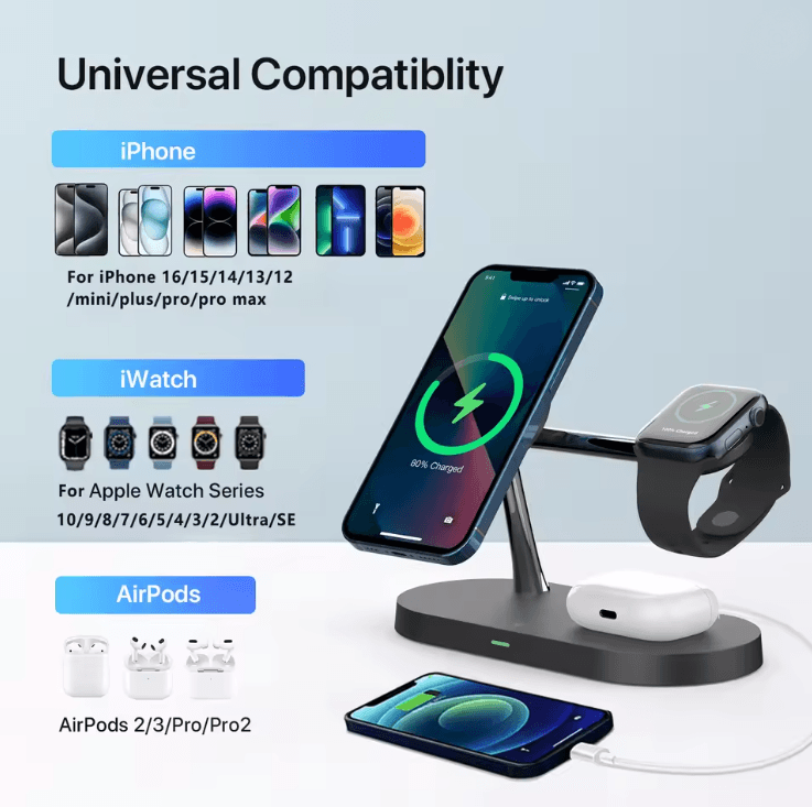 3 in 1 Wireless Charger Stand for iPhone Apple Watch and AirPods Fast Charging Station