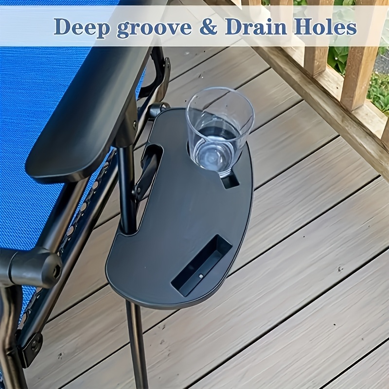 Durable Folding Chair Side Table Attachment, Black Plastic Beverage and Snack Tray, No Power Required