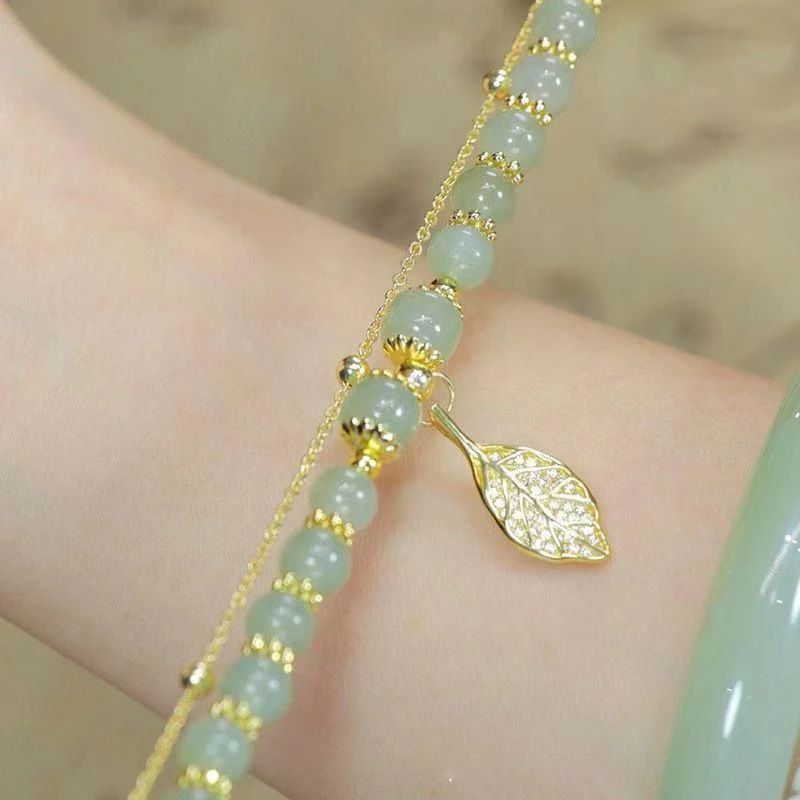 Chinese Style Green Jade Gold Leaf Double Chain Bracelet