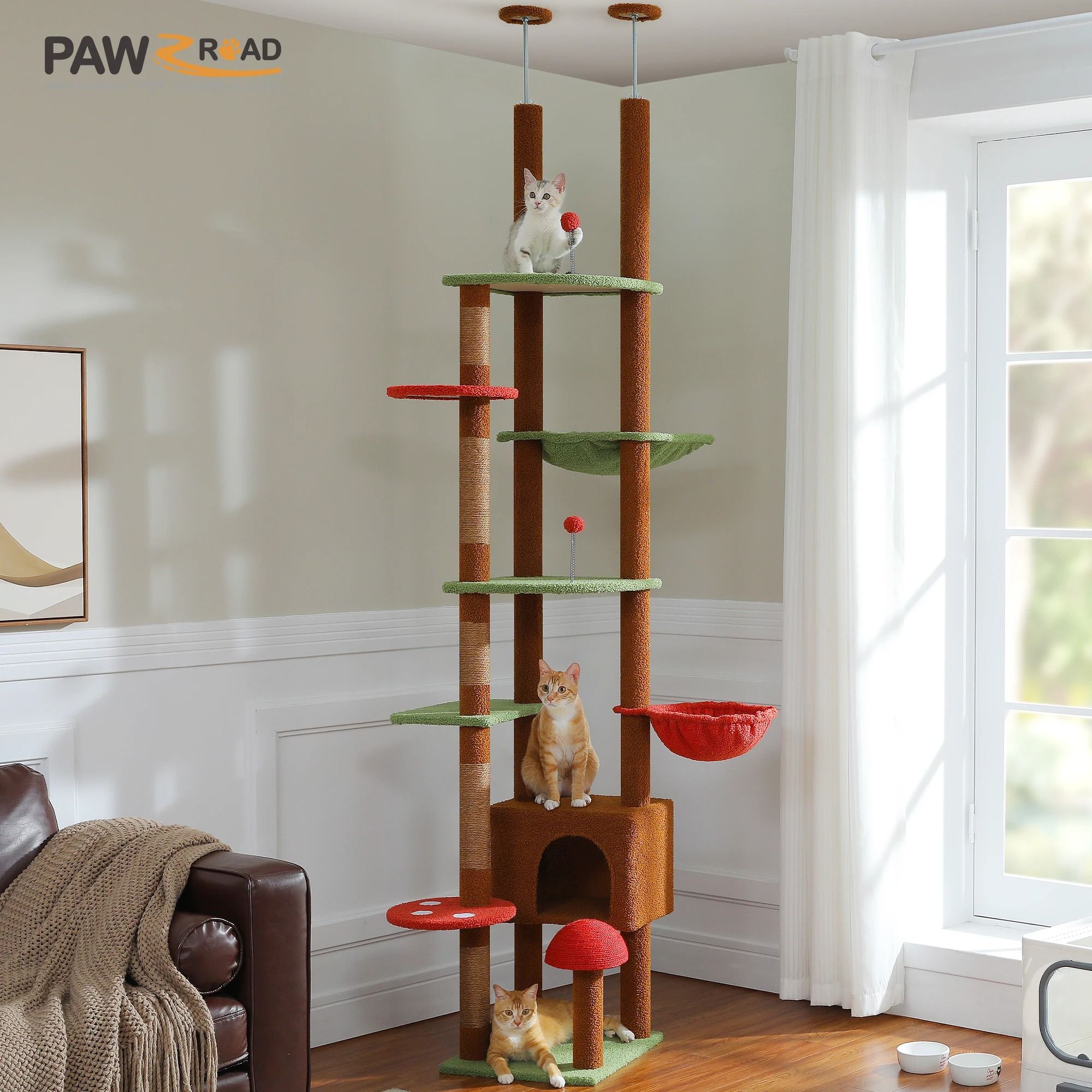Adjustable 230 to 252 cm Floor to Ceiling Cat Tree with Condo Hammock and Scratching Posts