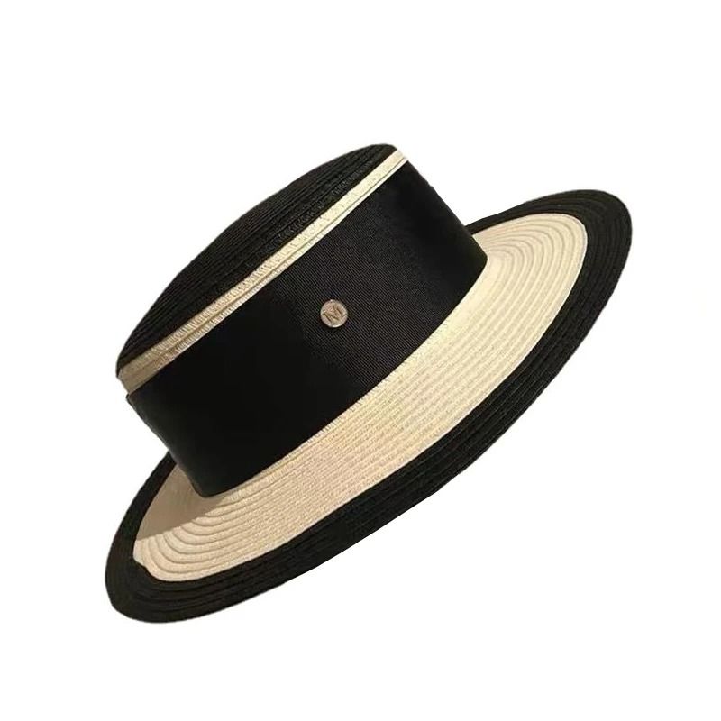 Hepburn Style Womens Flat Top Straw Hat Elegant Black White Fashion Sun Hat