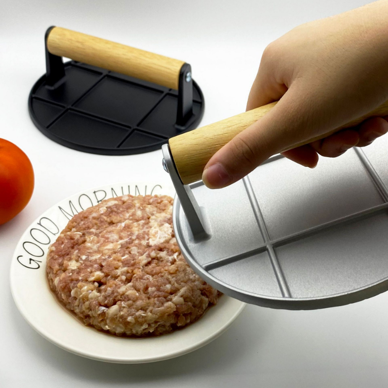 Hand Meat Burger Press Tools, Aluminum Alloy, Non Stick, Wooden Handle for Home Kitchen BBQ