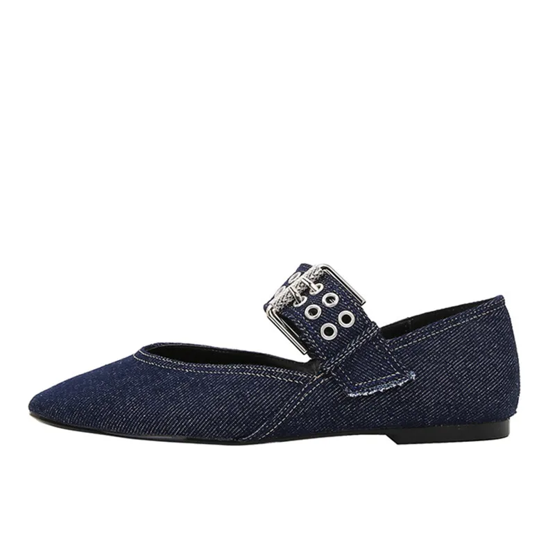 Womens Denim Blue Ballet Flats, Lightweight Designer Mary Jane Shoes with Metal Buckle Strap, Casual Fashion Flats