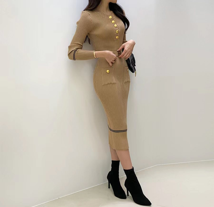 Autumn Winter New Round Collar Slim French Style Wrap Hip Dresss