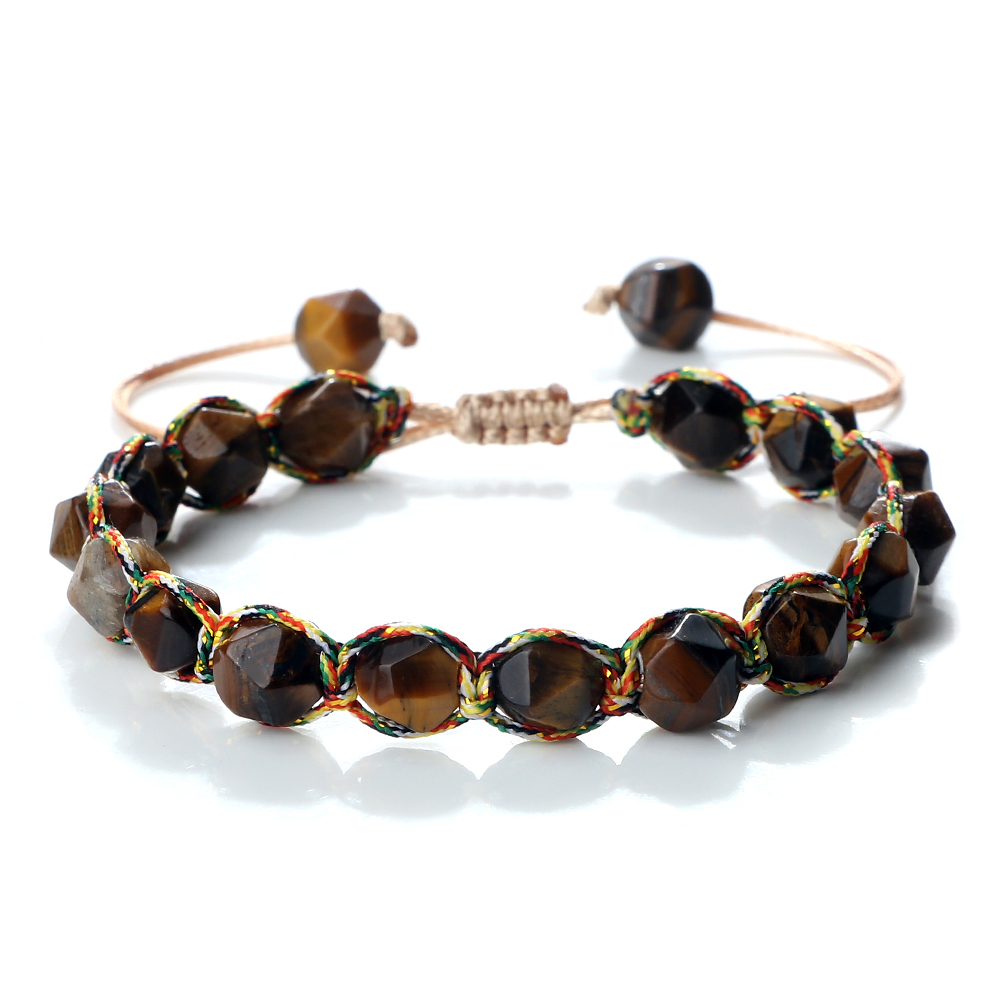 Women Malay Stone Cut Face Bracelet Yellow Agate Handmade Wristband Vacation Healing Beach Jewelry