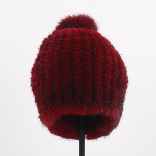 Winter Women Genuine Mink Fur Hat Hand Knitted Warm Cap with Real Mink Fur and Fox Fur Pompoms