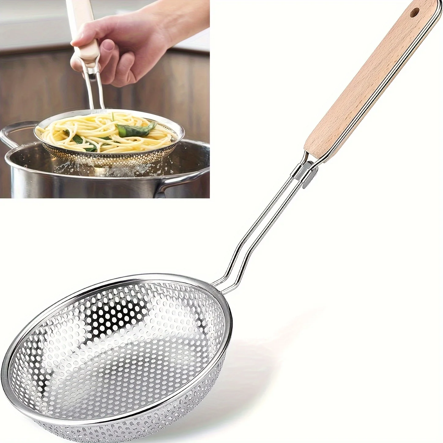 Stainless Steel Colander with Wooden Handle Fine Mesh Skimmer Spoon for Cooking and Pasta Noodles