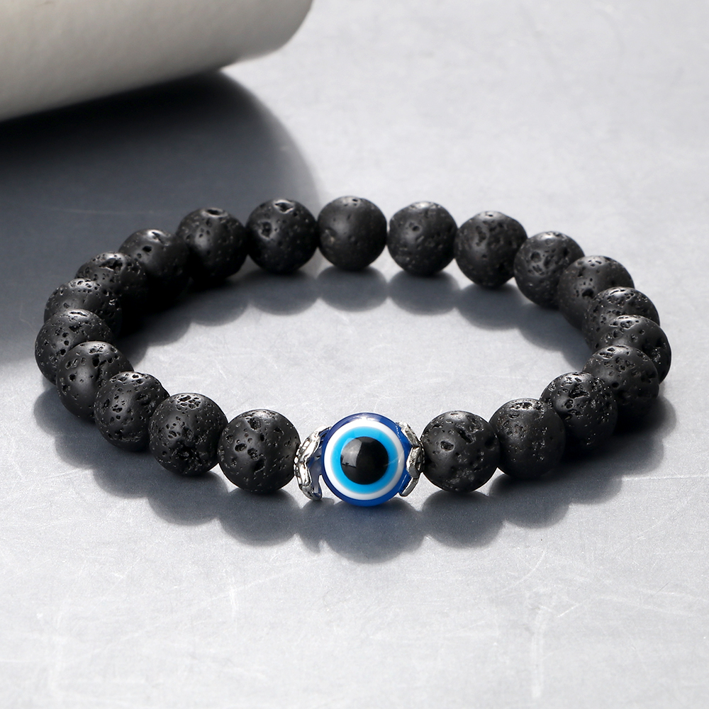 Tiger Eye Beaded Bracelet with Natural White Porcelain Flower Spacer Evil Eye Distance Couple Elastic Rope Chain Jewelry