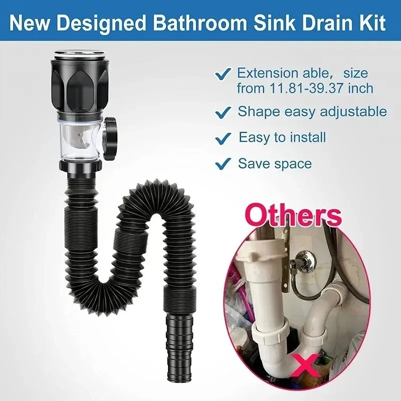Stainless Steel Basin Drain Pipe Set Odor Proof Wall Mount Drainage for Kitchen & Bathroom Sinks with Strainer Basket