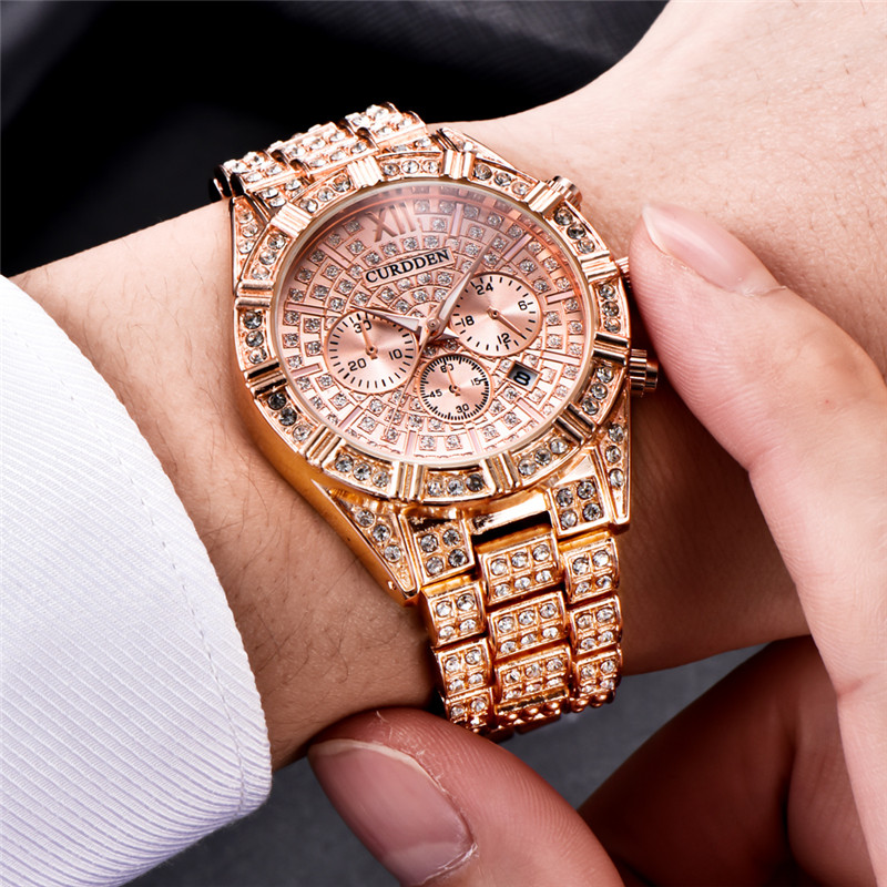 Original CURDDEN Brand Luxury Watches For Men Fashion, Golden Date Vintage Quartz Watch, Alloy Band Hip Hop Style