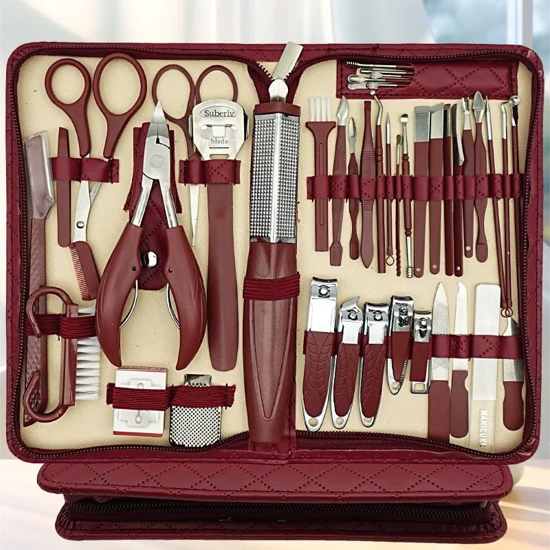 Stainless Steel Manicure & Grooming Kit – 10/42 Piece Set in Premium Zippered Leather Case