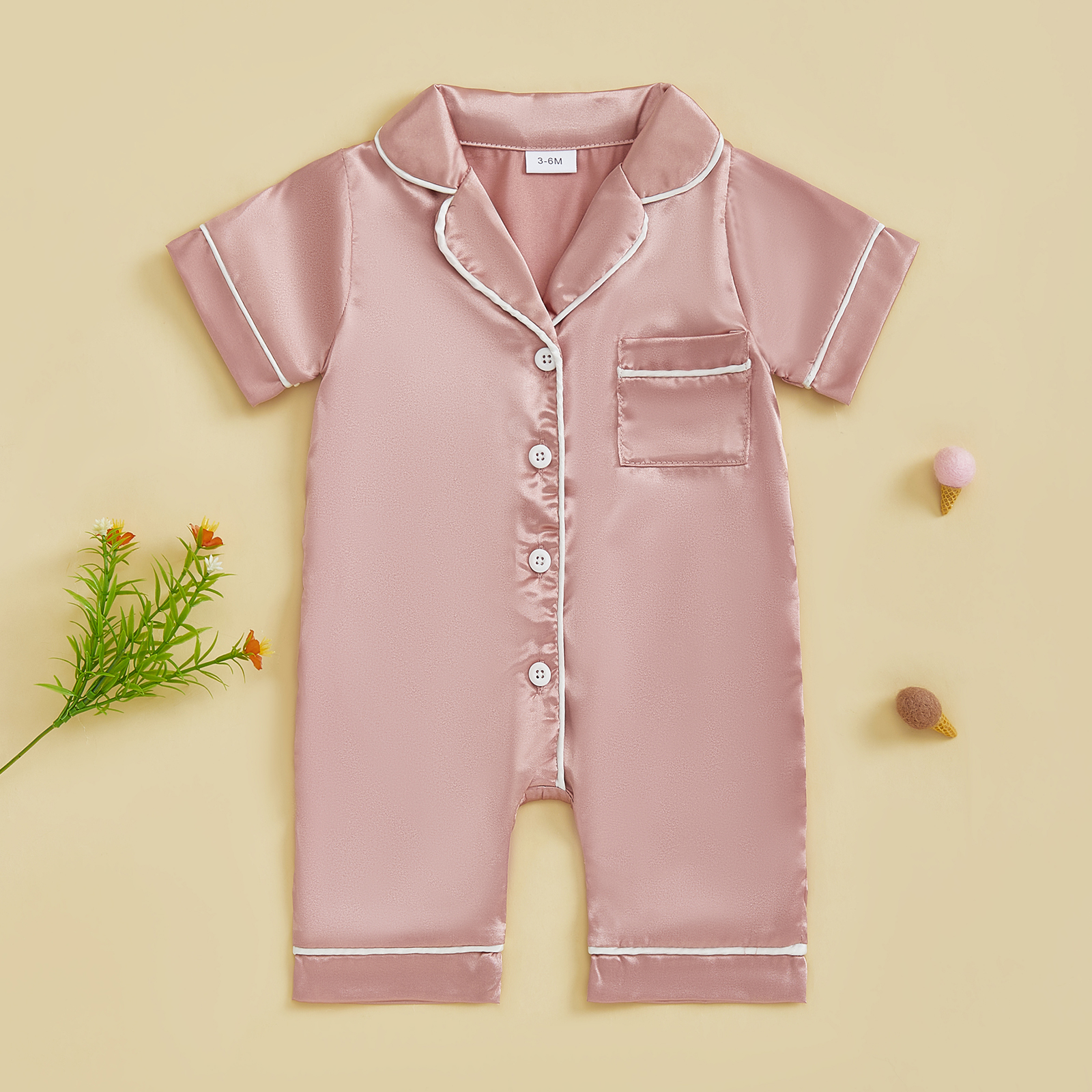 Soft Satin Baby Pajamas Romper, Patchwork Turn-Down Collar Short Sleeve Jumpsuit for Newborn Sleepwear