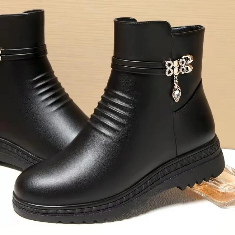 Winter Shoes Women, Solid Black Snow Boots, Furry Ankle Boots, Metal Classic Womens Winter Boots, Cozy Footwear