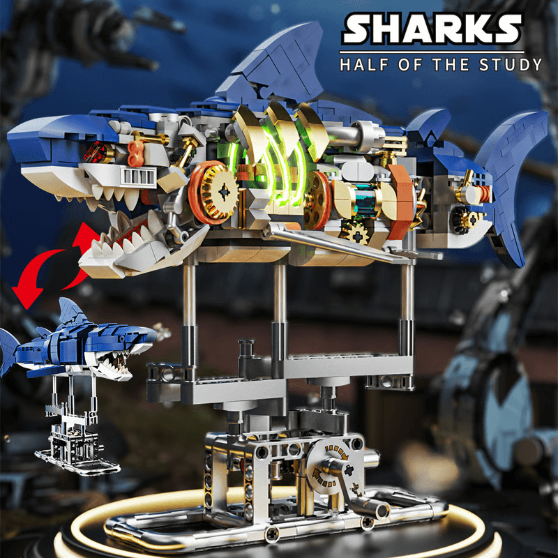 Mechanical Shark Building Set, Shark Sea Life Blocks with Display Stand & Lights
