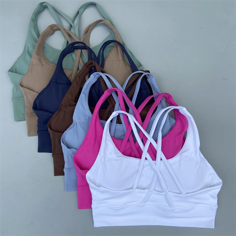 Solid Color Fitness Sport Bra for Women, Cross Back High-Strength Tight Top, Gym Yoga Training Underwear with Chest Pad