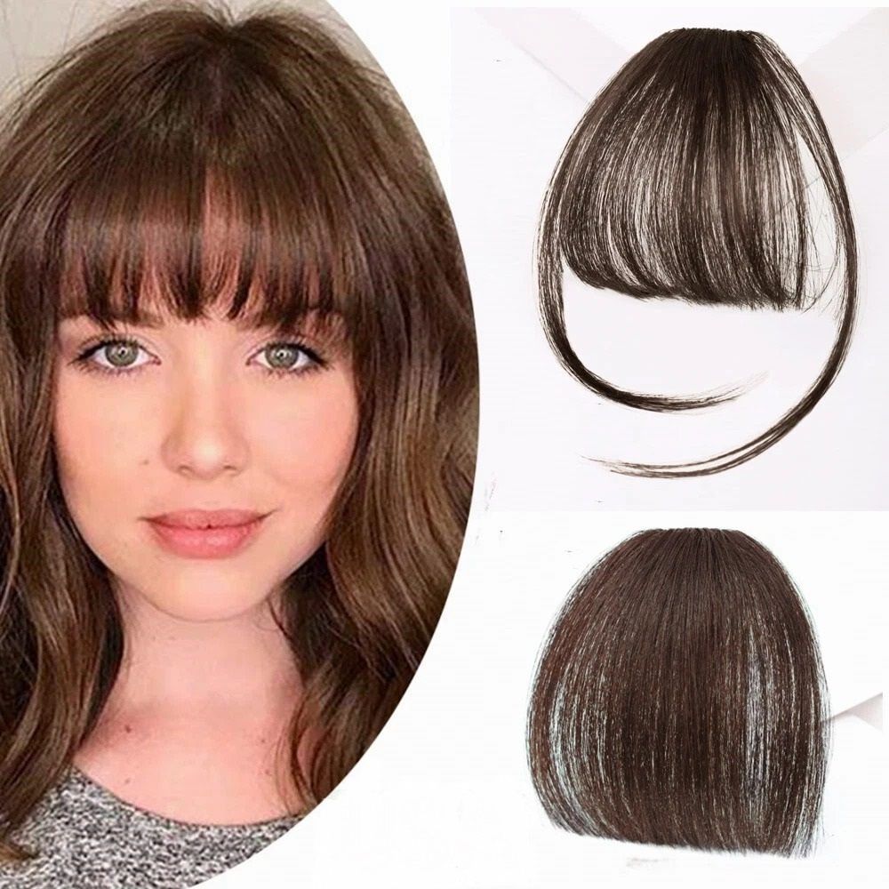 Neat Air Bangs for Women Clip-On Remy Human Hair Extensions Silky & Natural Front Bang Fringe (Dark Brown)