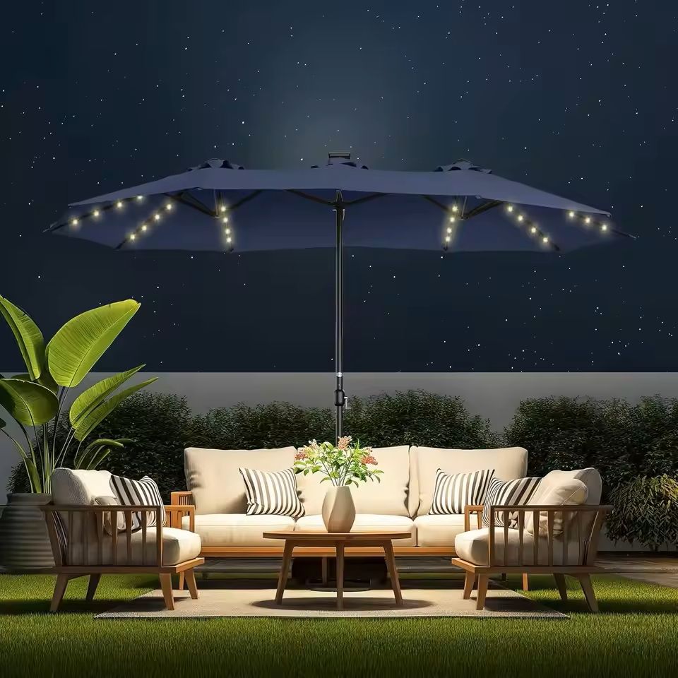 Extra Large Double Sided Patio Umbrella with Solar Lights and Base