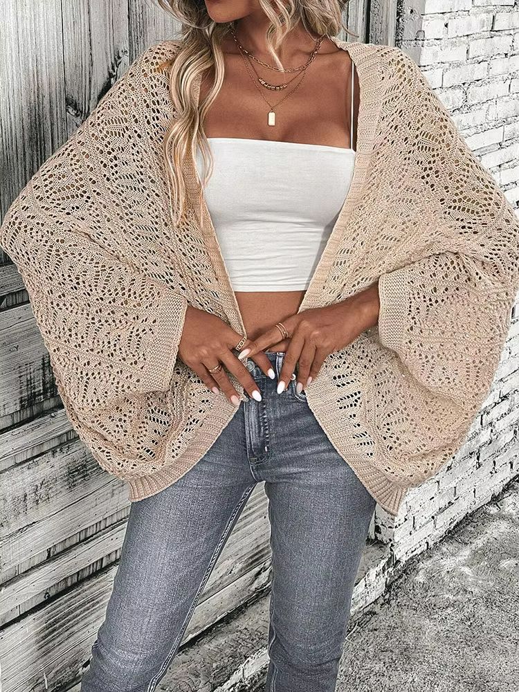 GraceFlow Batwing-Sleeve Open-Front Knit Cardigan