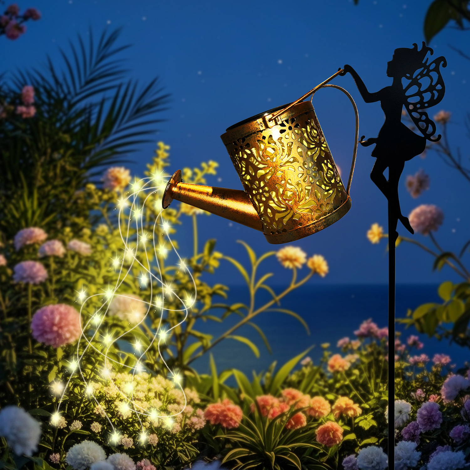 Solar Watering Can Lights Outdoor Waterfall Garden String Fairy Lights, Solar Kettle Projection Light