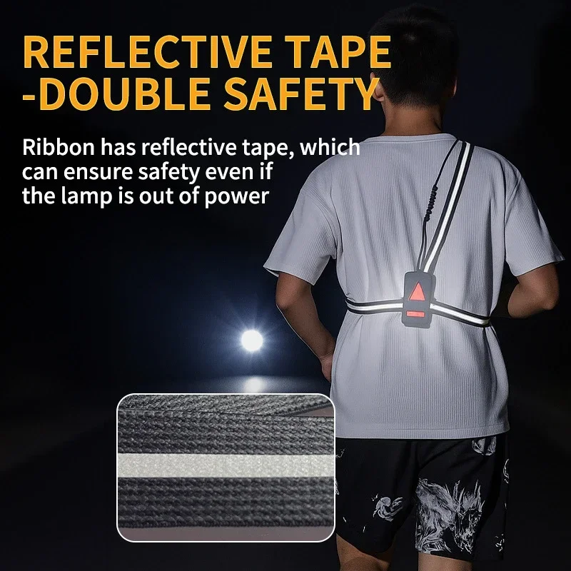 USB Rechargeable LED Chest Front Multi-Lamp Red Warning Night Running Light Triangle Reflective Strap Adjustable Angle