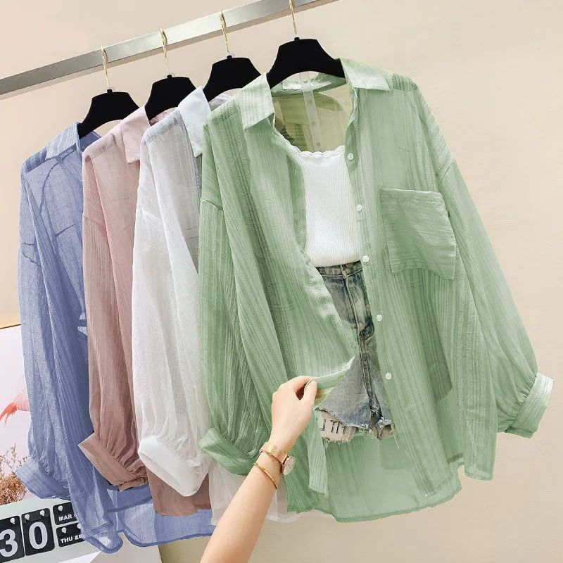 Casual Women's Cardigan Top, Korean Harajuku Loose Top, Thin Cut Perspective Chiffon Shirt for Women