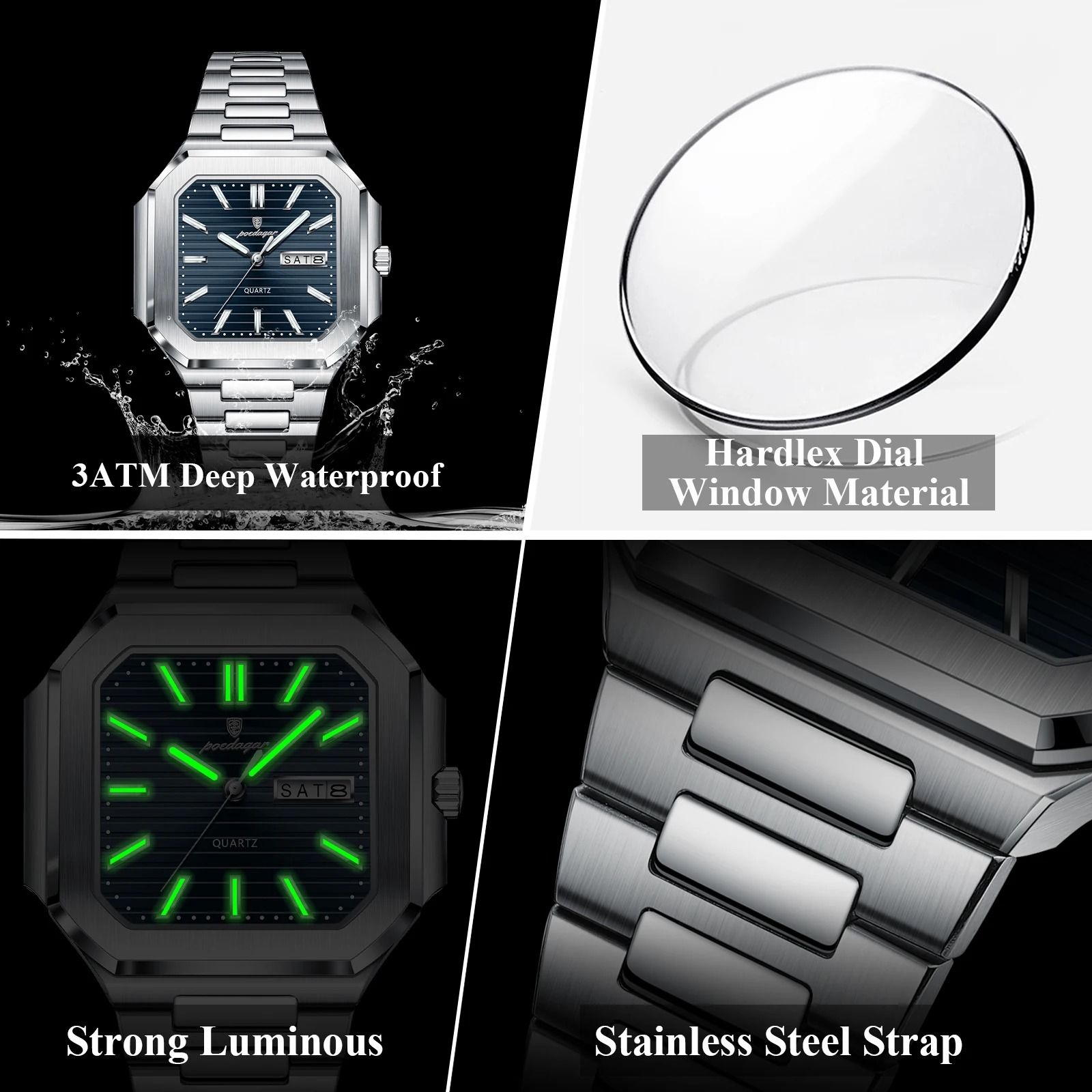 Square Quartz Mens Watch with Luminous Display and Date Week Function