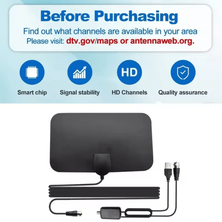 4K High Gain TV Antenna 25dB Indoor TV Aerial with Active Signal Booster (EU Plug)