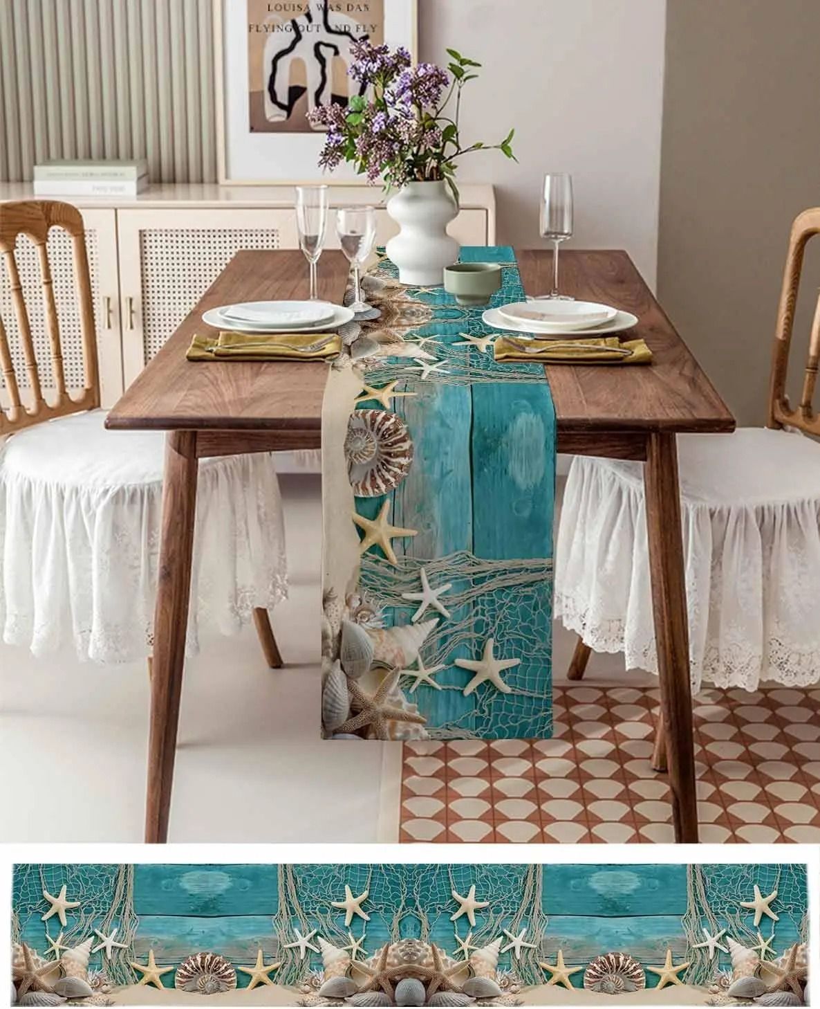 Ocean Beach Starfish Table Runner | Blue Wood Grain Linen Decor | Nautical Shell Runner for Summer Parties
