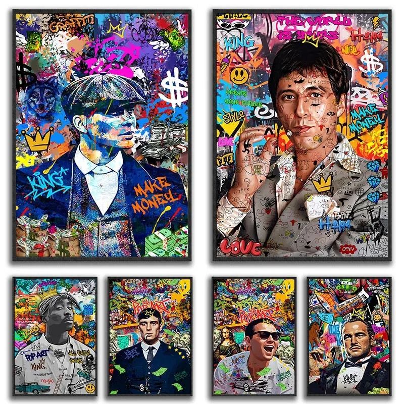 80s Gangster Graffiti Wall Art | Urban Crime Drama Pop Canvas | Retro Bold Street Style Unframed Home Decor