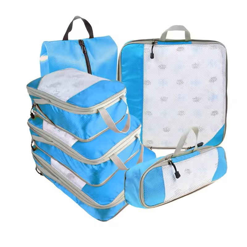 6 Piece Travel Packing Cubes Set with Shoe Bag and Mesh Windows