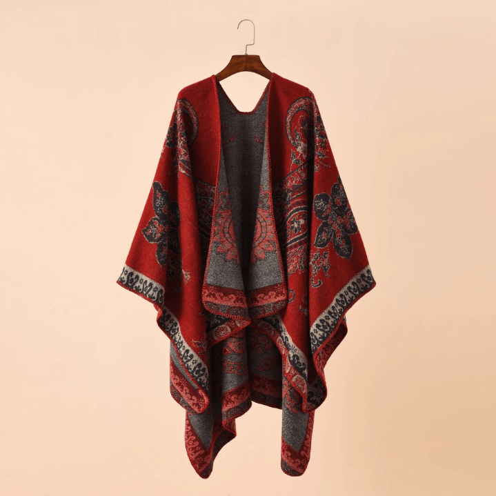 One Size Red Geometric Cashmere Poncho Cape – Warm Womens Shawl Cloak Wrap with Lattice Flower Pattern